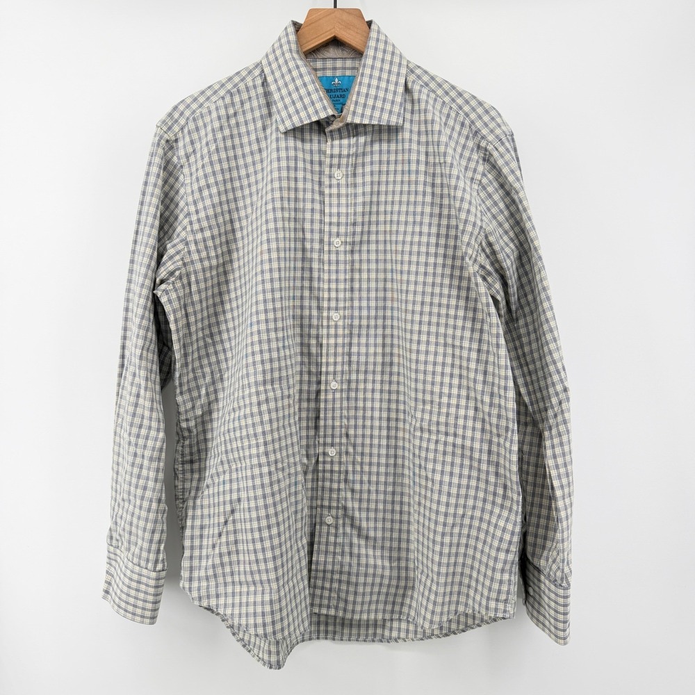 Christian Aujard Button Down Shirt Mens L Blue Yellow‎ Plaid Paisley Flip Cuff - Picture 4 of 11